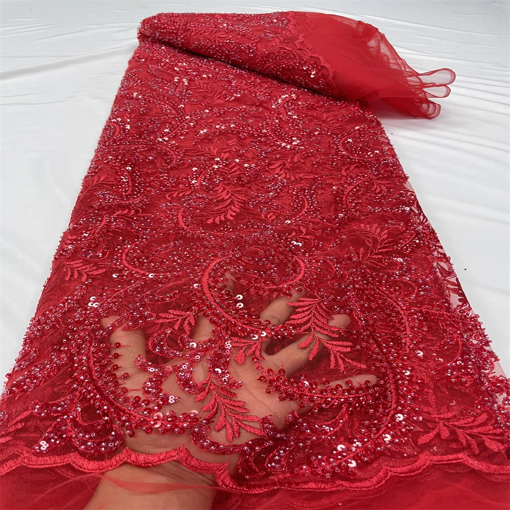 

African Groom red Lace Fabric 2023 High Quality Sequins Lace Embroidery French Net Lace Fabric tube beads For Nigerian Party