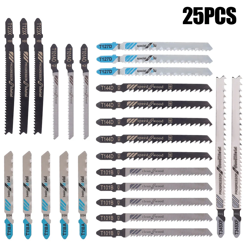 

25Pcs Jig Saw Blade Jigsaw Blades Metal Wood Assorted Blades T1118A/T101AO/T127D/T123X/T101B/T144D/T345XF Power Tool Saw Blade