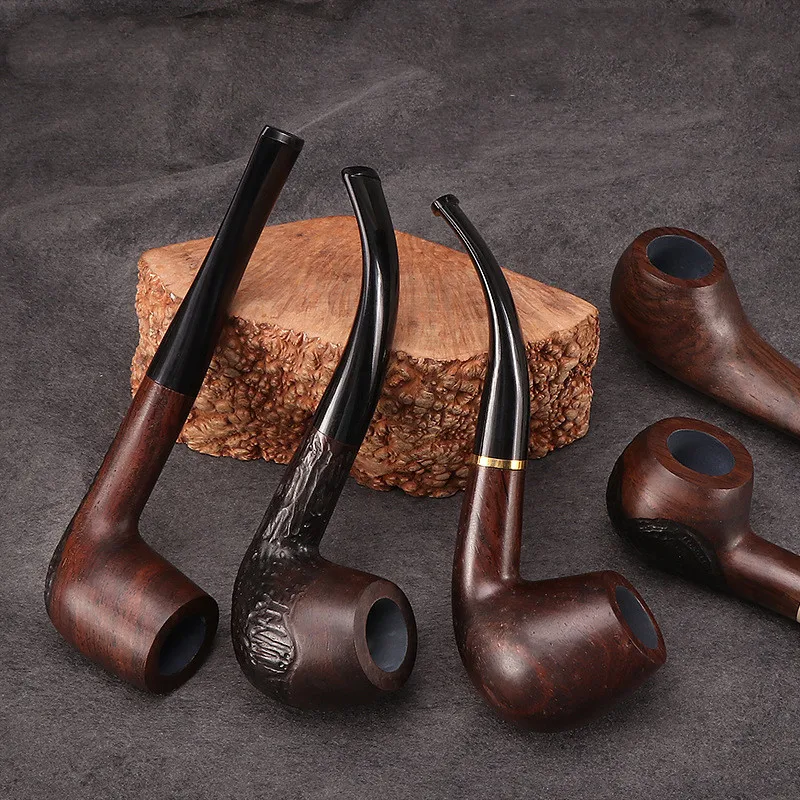 Smoking Pipe Kit Smoking Pipe Holder 1Pc Ebony Smoking Pipe 9mm Filter Bent Tobacco Pipe Gold Ring Wood with Smoke Accessory Ru