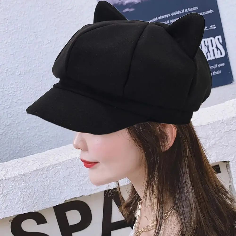 귀여운 고양이 귀 모자 화가 모자, 베레모 모자, 오리 혀 모자, 따뜻한 모자, 팔각형 모자, 짧은 처마, 클래식 패션 버전, 레이디 소녀