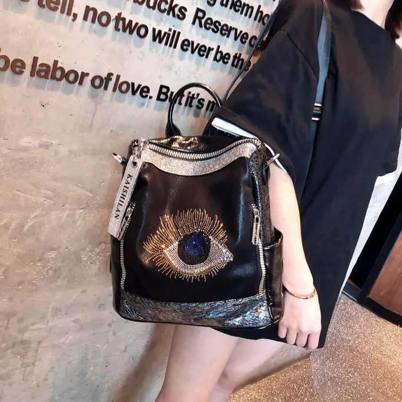 Rhinestone Big Eye Backpacks Women Real Leather Backpack Women Large Capacity Travel Mochila Mujer Female Rucksack