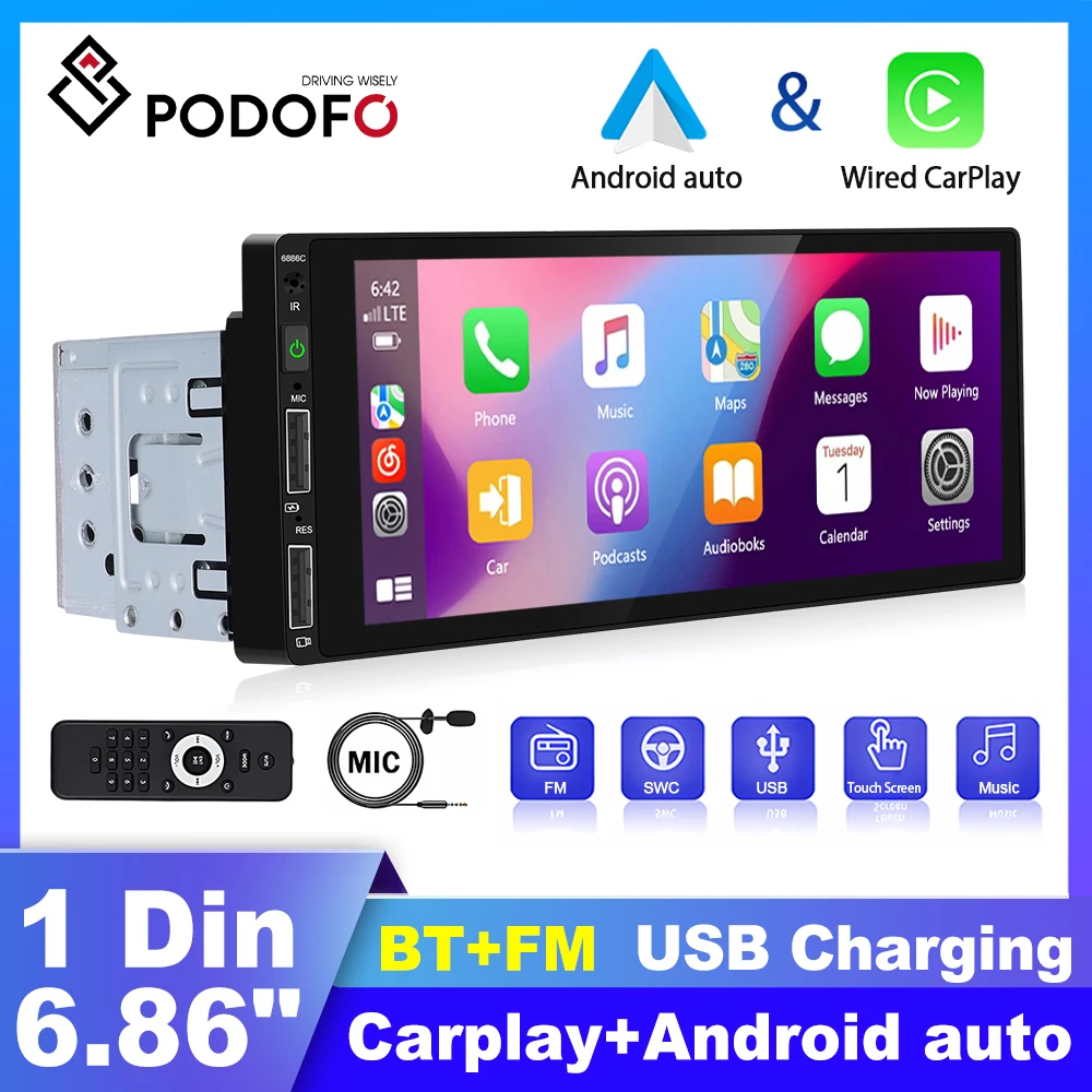 Podofo 1 Din Car Radio Multimedia Playe Autoradio CarPlay 6.86 inch Wince Car Stereo Player for VW Nissan Toyota Honda