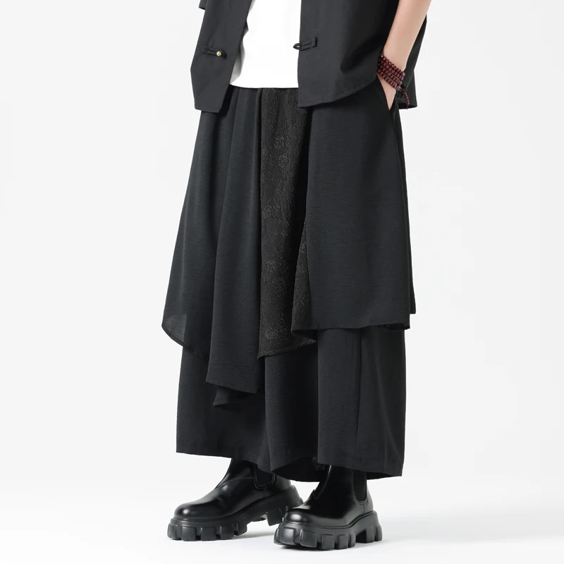 

Men Summer Asymmetric Splice Japanese Streetwear Dark Black Fashion Loose Casual Wide Leg Skirt Pants Women Plus Size Trousers