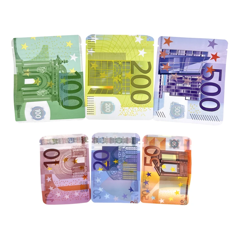 10&euro; 20&euro; 50&euro; 100&euro; 200&euro; 500&euro; Bills Paper Zip lock Bag Small Pouch With Clear Window 1-3.5G Mylar Small Bag Design EURO plastic zip lock bags plastic packaging bags