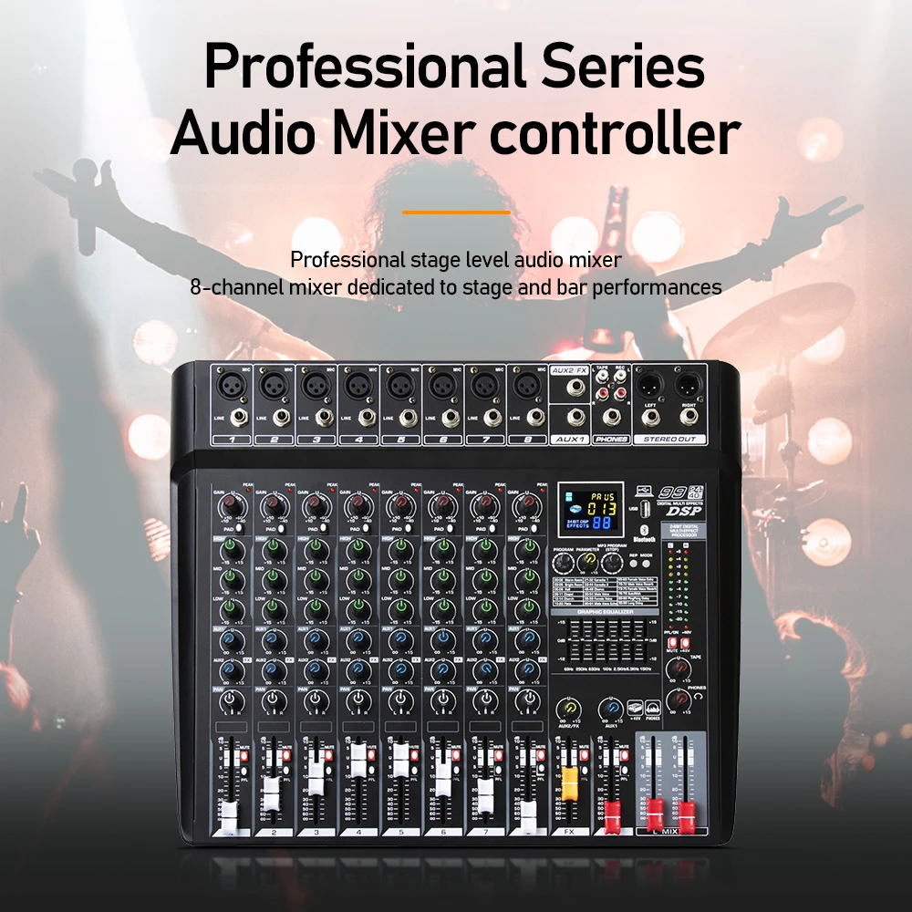 Professional audio mixer, Bluetooth DJmixer, balanced USB 48v 8 channel