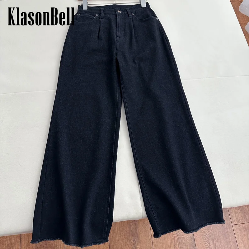 

12.29 KlasonBell Fashion New Fleece Keep Warm Tassel Denim Pants Women Clothes Trousers High Waist Loose Wide Leg Jeans