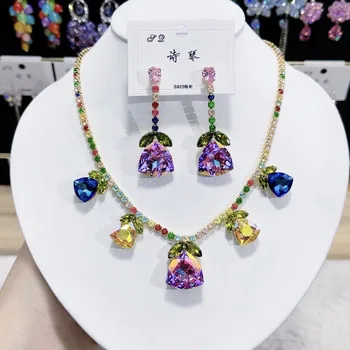 Women Colorful Fashion Zircon Necklace Earrings 2024 1