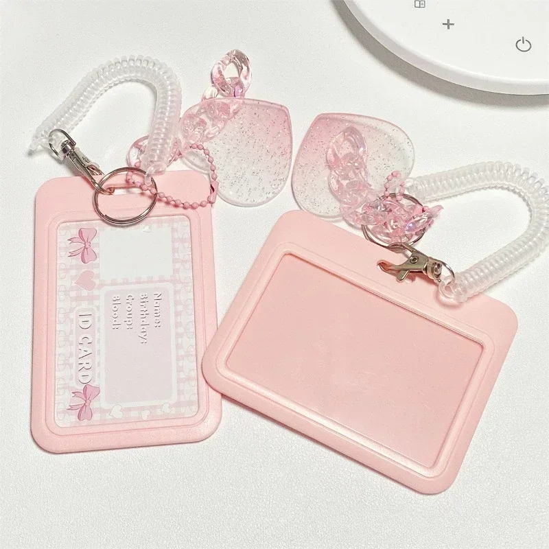 

Cute Id Credit Card Holder with Love Pendant Kawaii Badge Holder Card Covers Student Bus Card Holder Sleeve with Spring Rope
