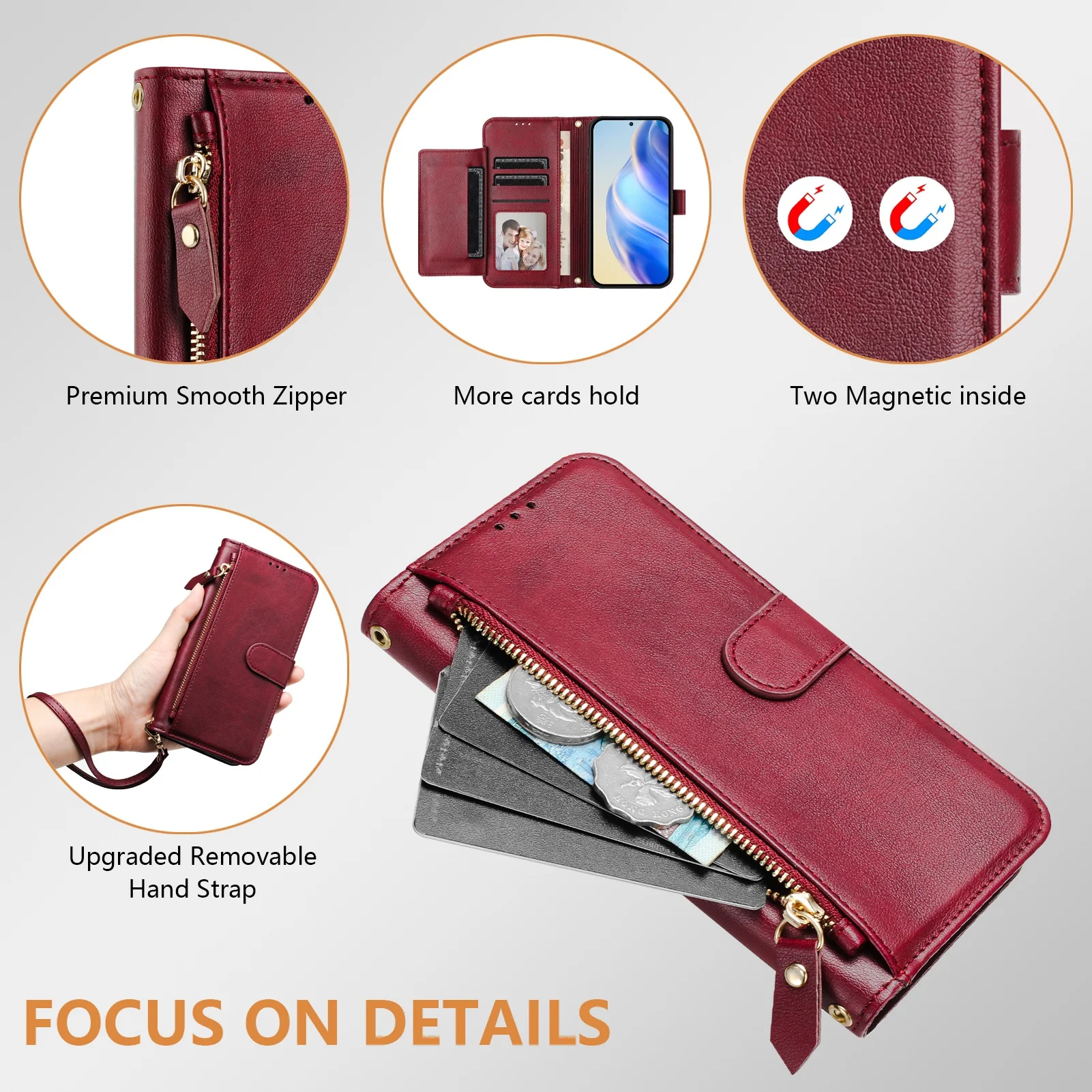Strap Zipper Card Leather Wallet Case with Flip Cover