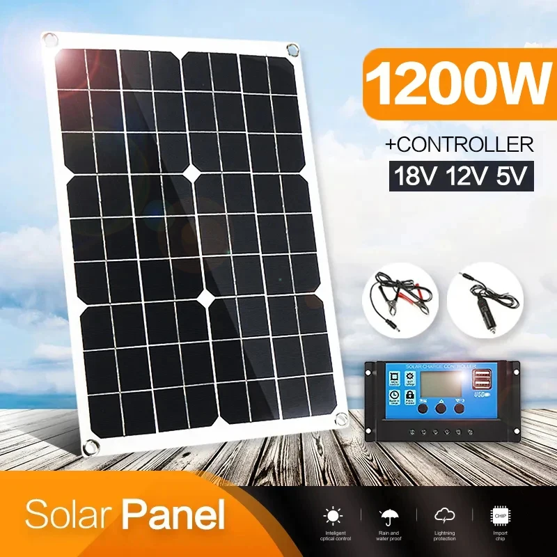 1200W Solar Panel 12V Battery Charger Dual USB With 10A-60A Controller Solar Cell Outdoor Camping for Phone Car Yacht RV Hiking