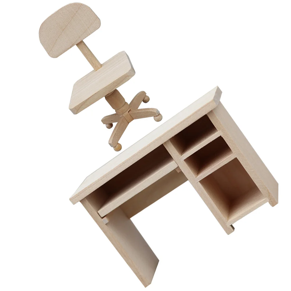 

Dollhouse Computer Desk Mini Table Chair Prop Bathroom Decorations Furniture Wood Figurine Miniature Micro Scene Laptop