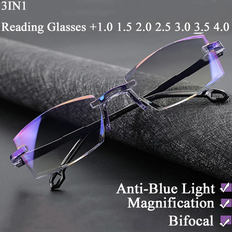 

Bifocal Farsighted Anti Blue Light Reading Eyeglasses Magnification Eyewear Presbyopic Glasses Diopter Dimond Cutting +1.0To+4.0