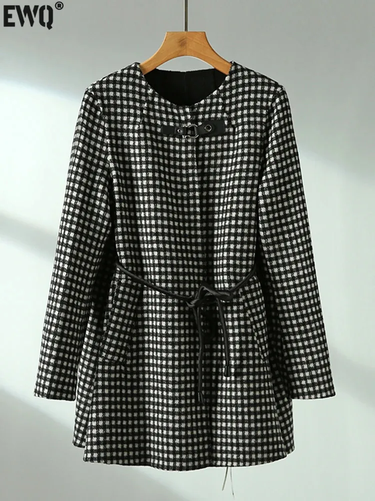

[EWQ] Fashion Lady Temperament Slim Waist Elegant Plaid Lace Up Wool Double-sided Woolen Coat All-match 2024 Spring Winter 7017