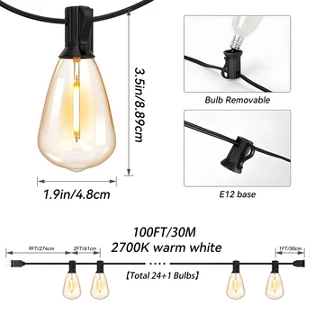100ft Outdoor String Lights Waterproof, ST38 Globe Led Patio Lights with 24 Edison Vintage Bulbs, Connectable Outdoor Lights for 2