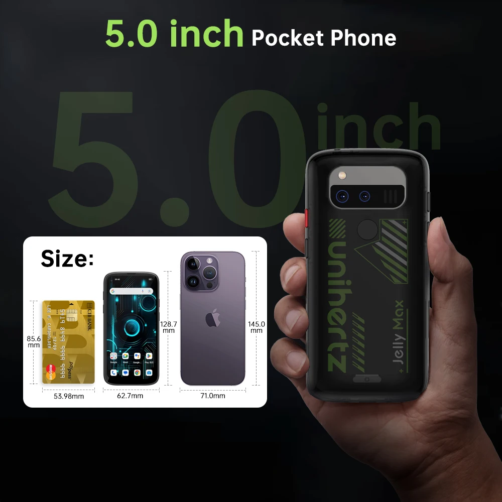 Unihertz Jelly Max,5G Mini Smartphone Android 14,12GB 256GB,Dimensity 7300,5-inch Screen,IR Blaster, 4000mAh,00MP Camera,NFC 3