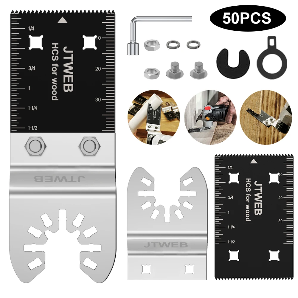 

50Pcs Oscillating Saw Blades Double-head Disassembly Saw Blade Plastic Box Packaging 50 Saw Blade Body+10Sets Of Screws+1 Wrench
