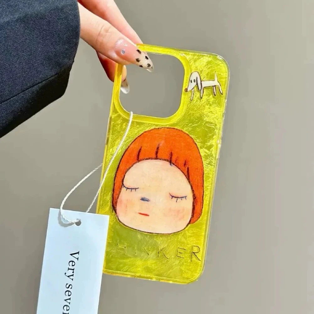 Sitting Girl Illustration Case with Red Background and Feather Texture