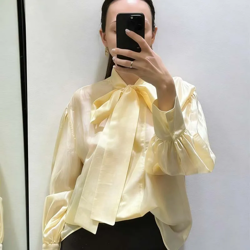 YENKYE 2026 Women Bow Collar Long Sleeve Loose Blouse Black Yellow Spring Tops Casual Office Shirts