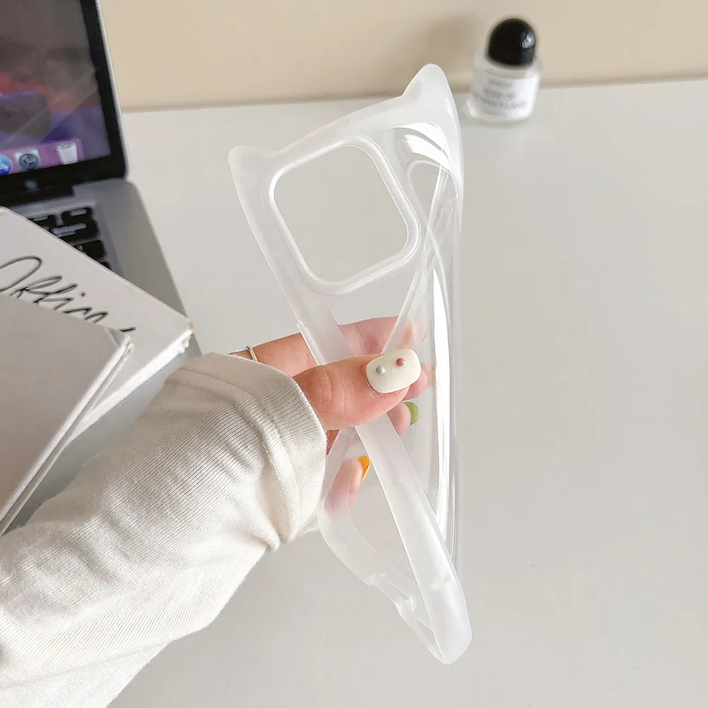 3D Cute Cartoon Cat Ears Shockproof Phone Case - Transparent Soft Matte Shell
