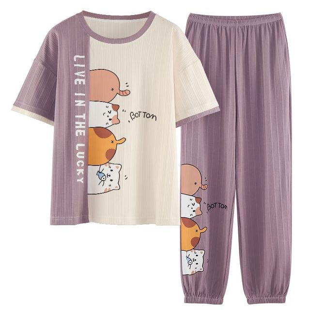 Women Pajama 2 Pcs Sets Cotton T-shirt Elastic Waist Ankle Length Pants Cartoon Plaid Sweet Home Clothes Can wear Outside