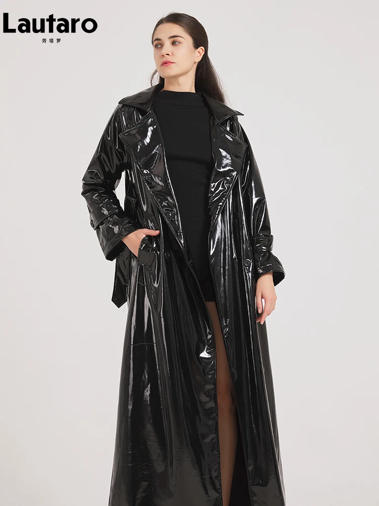 Lautaro Spring Autumn Black Shiny Reflective Soft Patent Leather Trench Coat for Women Luxury Designer Floor Length Clothes 2024