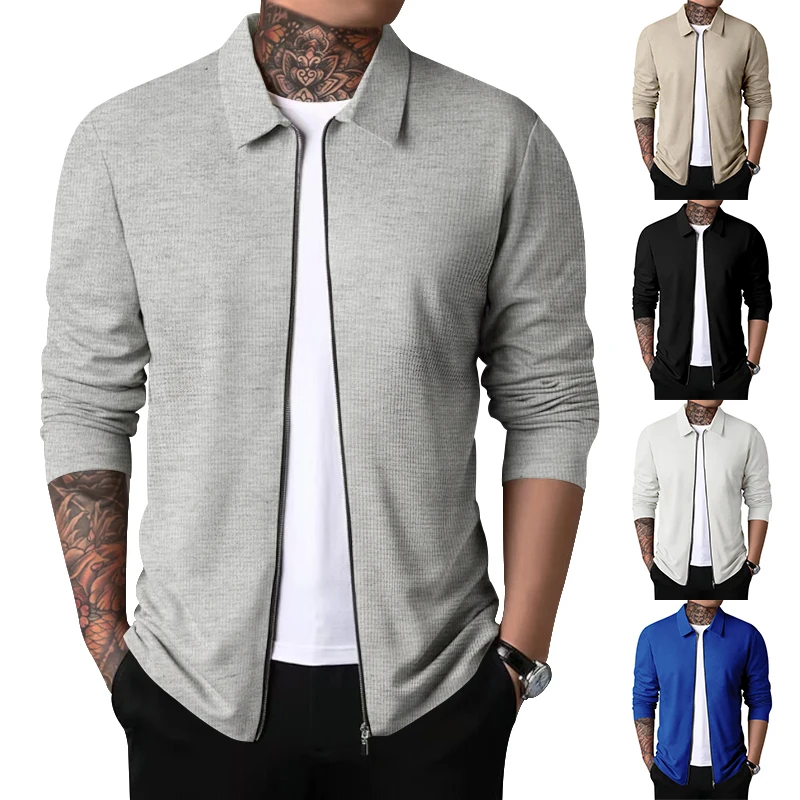 2023 New Spring and Autumn Waffle Zipper Lapel Jacket Men's Fashion Slim Fit Outdoor Casual Sports Cardigan Top Customizable Log