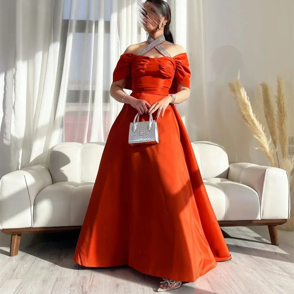 

Off the Shoulder A-line Evening Dresses Sequin Halter Backless Lace-up Long Prom Gown Floor Length Party Dress فساتين السهرة