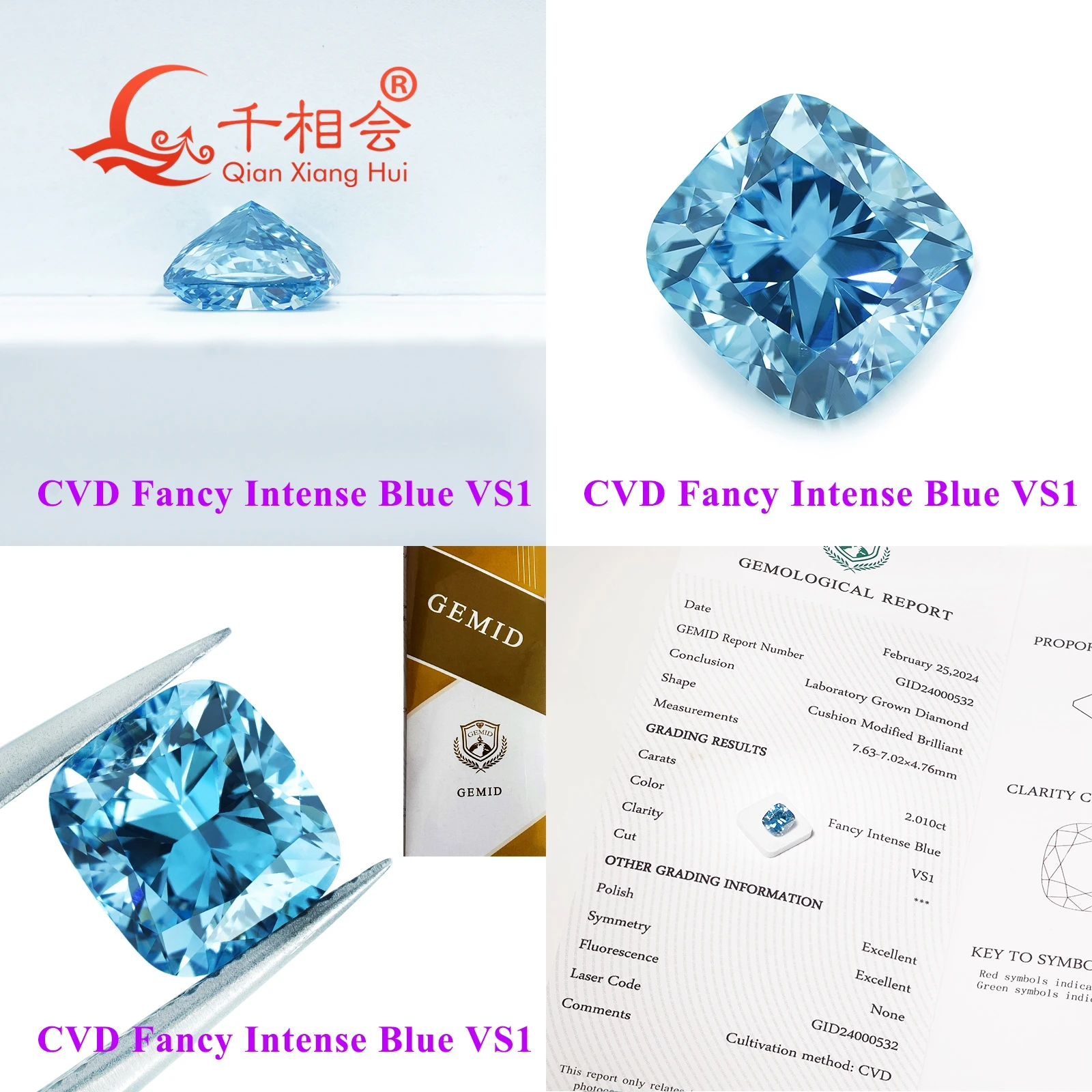 CVD Lab Grown Diamond Loose Stone 1.6ct-2ct Cushion Shape Fancy Vivid Aquamarine Blue Clarity VS1 Certified Gem by GEMID