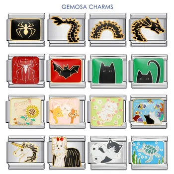 GEMOSA Cute Animal Kitten Dragon Spider Italian Charm Link 9mm Stainless Steel Fashion Bracelet Fit Women Men DIY Making Jewelry 1