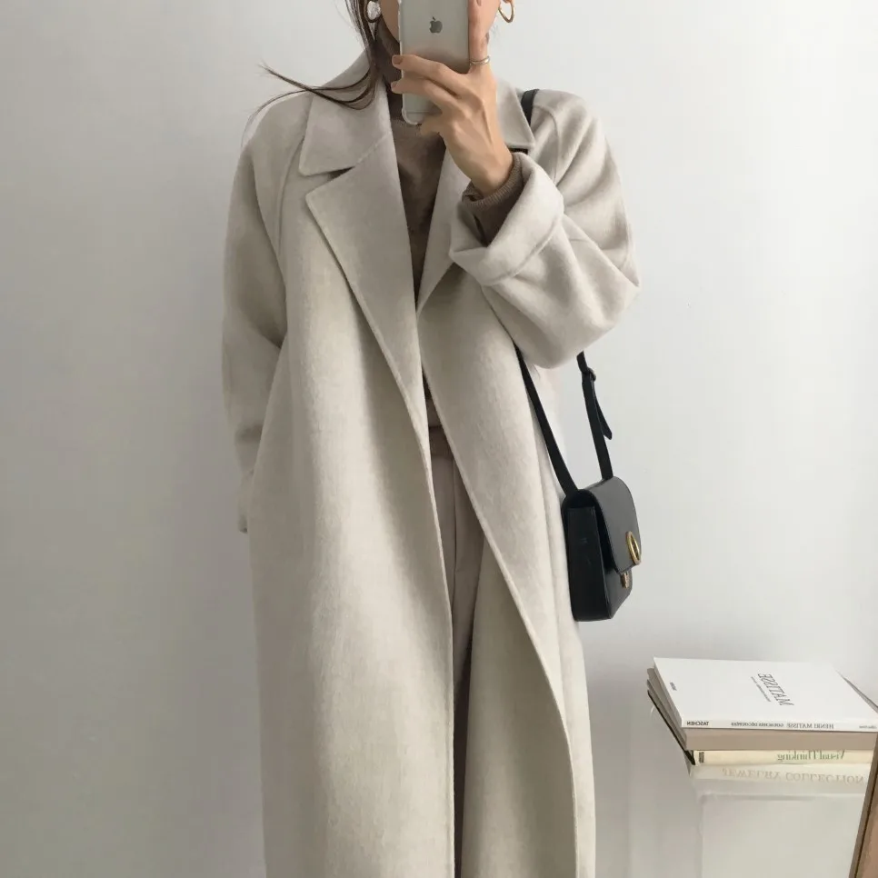 

French Lazy Style Winter Coat 2024 Warm Female Classical Belt Retro Loose Women Woolen Coats Chic Casual Long Coat Plus Size
