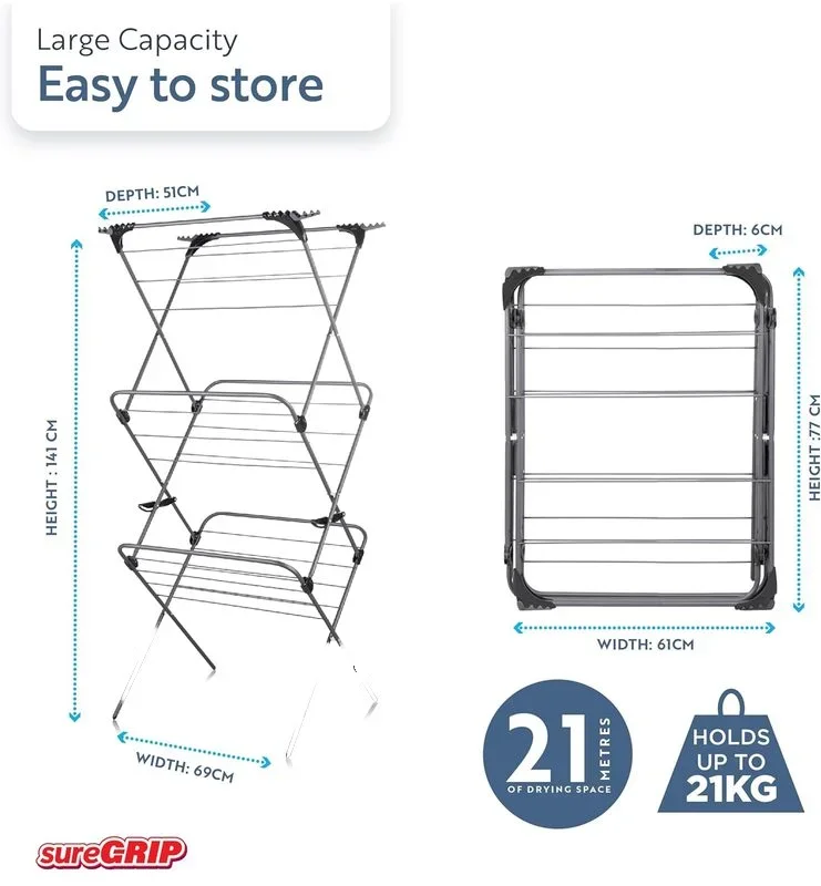 Extra-Slim 14M 3-Tier Concertina Stainless Steel Metal Laundry Clothes Dryer Airer for indoor Office and Bathroom Space 4