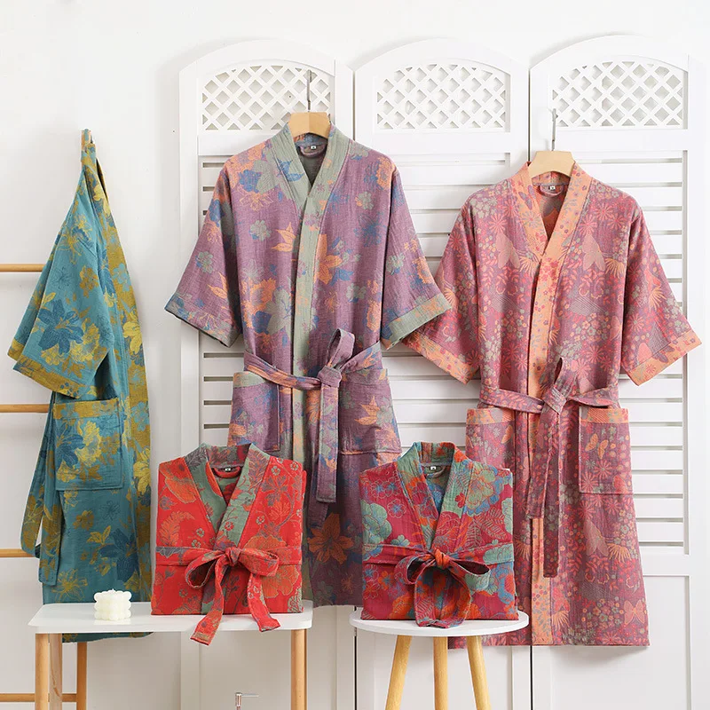 Multi Colors Kimono Robes for Couples Homewear Cotton Bathrobe for Spring and Summer Thin Absorbent and Quick Drying Bathrobes for Cotton Bathrobe
