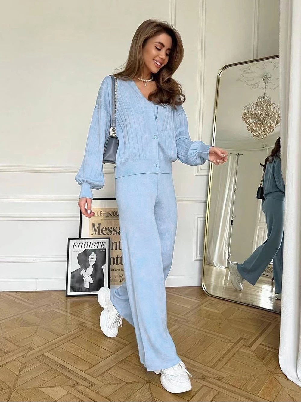 

Wixra Women Sets Solid Autumn Winter Tank+Cardigan+High Waist Trousers Knitwear Elegant Female 3 pcs Suits