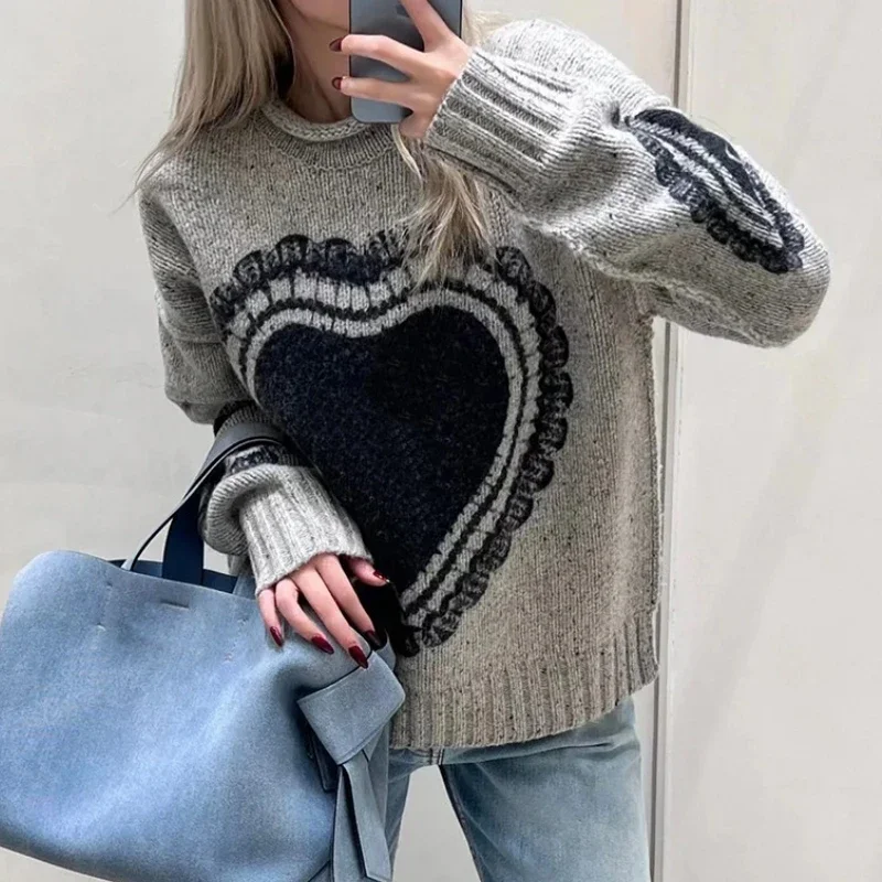 

Autumn and Winter Unisex Love Pattern Wool Blend Pullover Round Neck Knitted Sweater