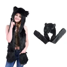 

Faux Fur Hooded Scarf 3 in 1 Winter Women Hooded Scarf With Mittens Neck warmer Hoodie Pocket Hat Long Scarf Mittens Hat Set