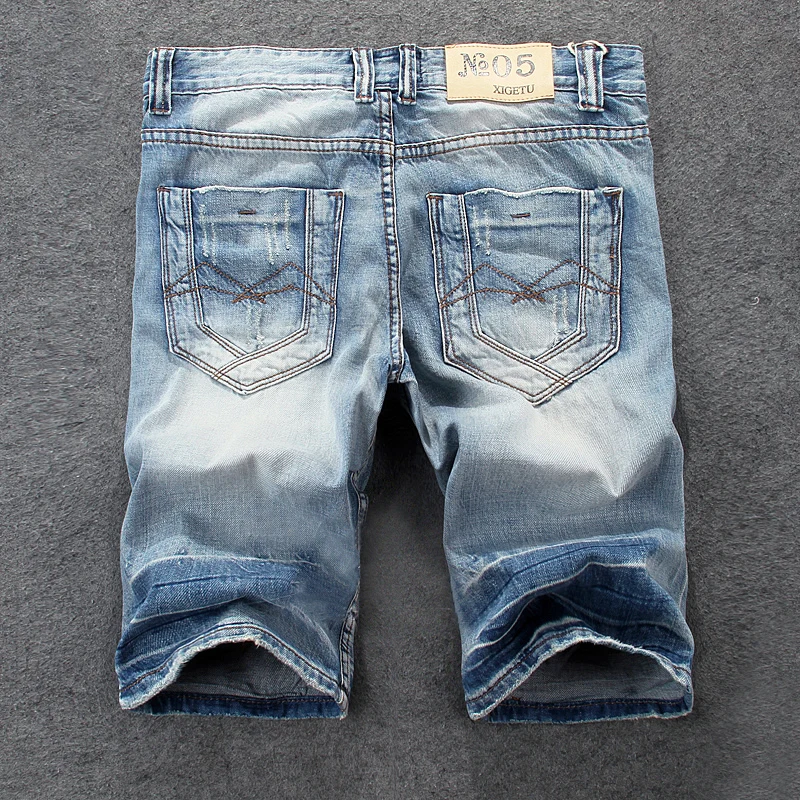 Summer Fashion Designer Men Jeans Shorts Retro Light Blue Vintage Hole Ripped Short Jeans Men Casual Cotton Denim Shorts Hombre