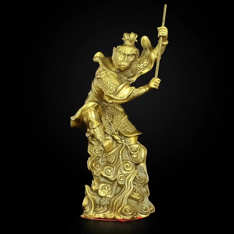 Sun Wukong Brass Statue - Chinese Traditional Monkey King Figurine, Handmade Patina Art Craft for Home Office Desk Decor
