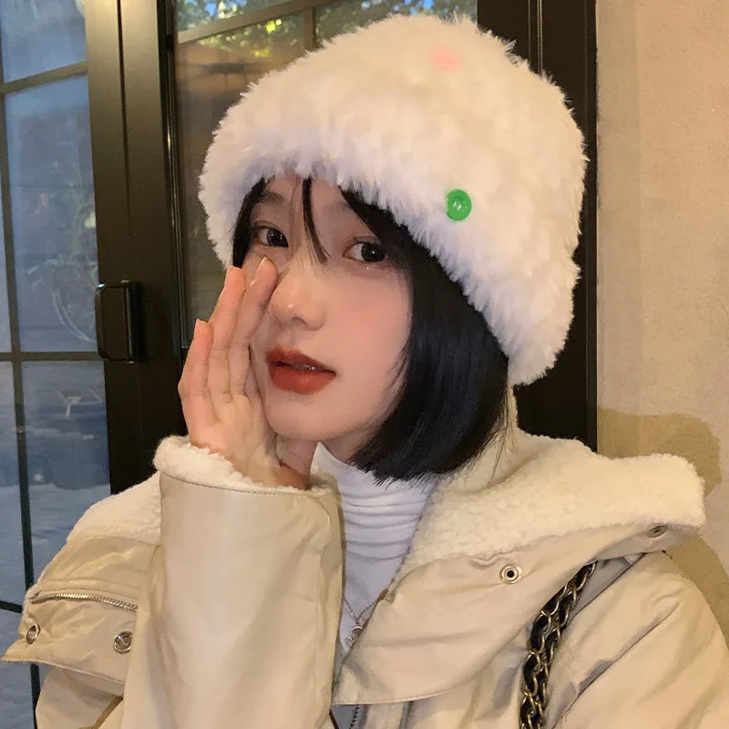 

2022 New Y2k Colorful Button Plush Beanies Hat Women Knitting Warm Fluffy Bucket Hat Female Winter Outdoor Loose Fisherman Cap