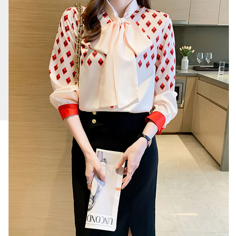 Spring Autumn Elegant Fashion Printed Bow Shirt Ladies Temperament Long Sleeve Casual Blouse Female All-match Cardigan Top Women