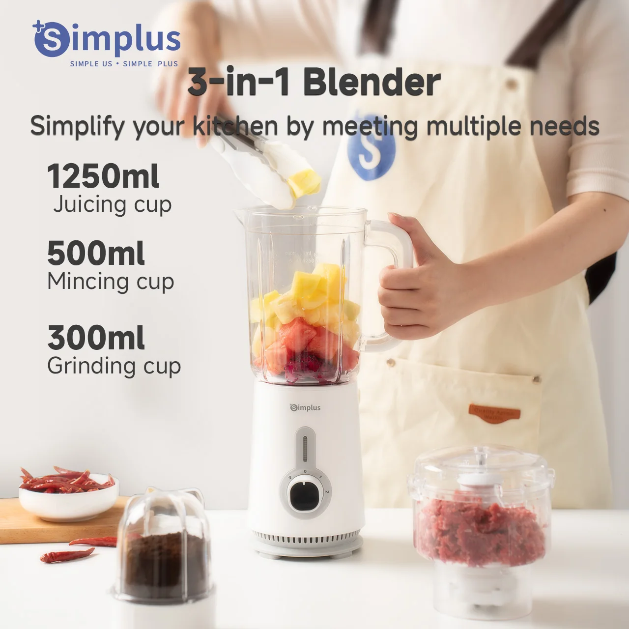 Simplus 3 in 1 Blender  Multi-function 1.25L Capacity 380W Copper Motor 3 Cups With 3 Blade Types Juicing Mincing Grinding 6