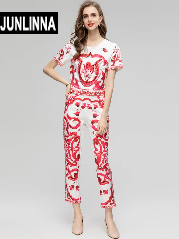 

JUNLINNA Sweet Women Two Piece Set Summer Fashion Rhinestone Beading T-shirt+Trousers Red Porcelain Printing Pants Suit