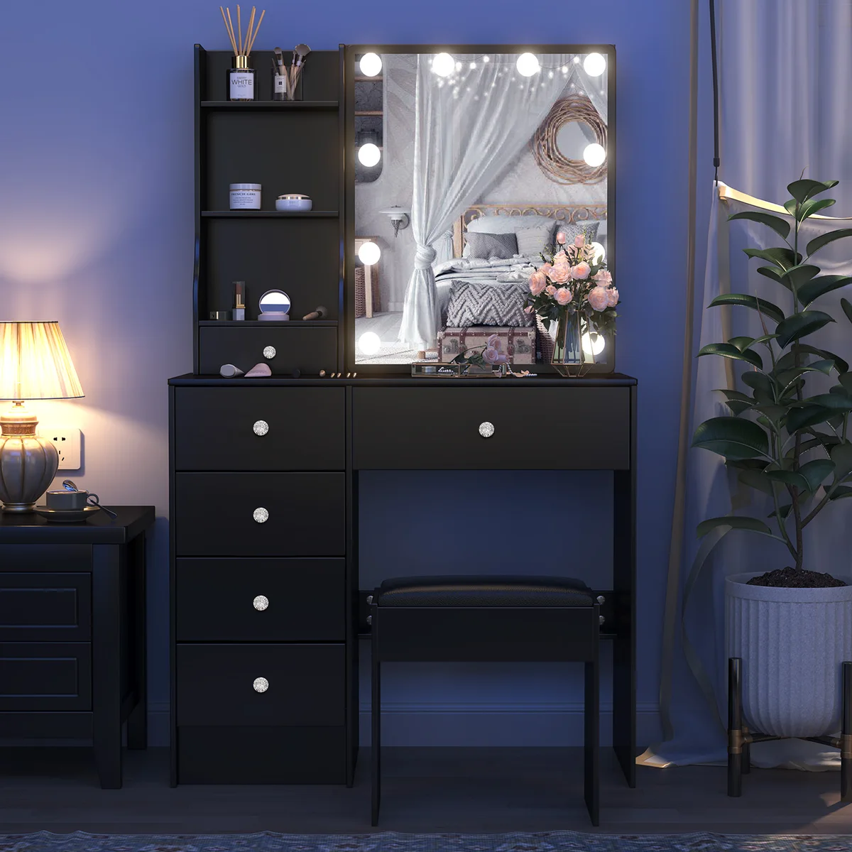 Rustic wooden makeup vanity with lit mirror: three adjustable lights, drawers & storage shelves — view 5