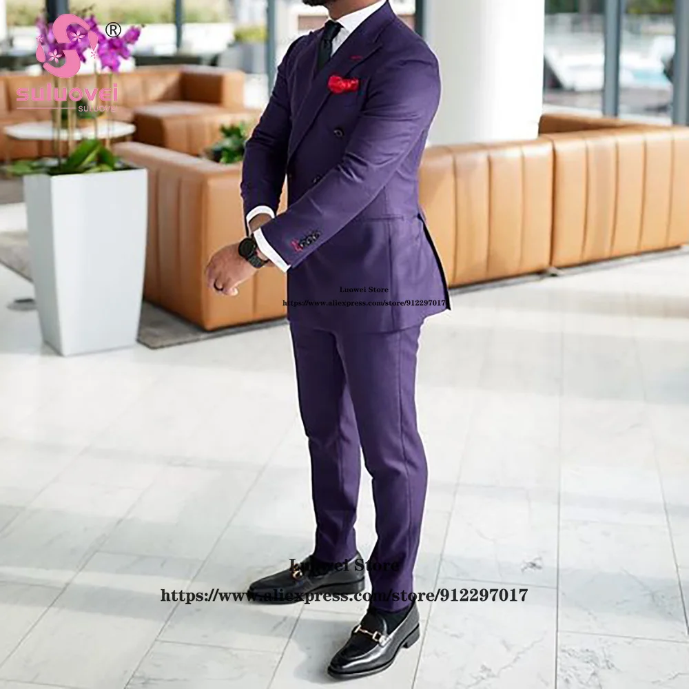 Fashion Purple Double Breasted Tuxedo Slim Fit 2 Piece Jacket Pants Set Peaked Lapel Blazer Formal Grooms Wedding Suits For Mens
