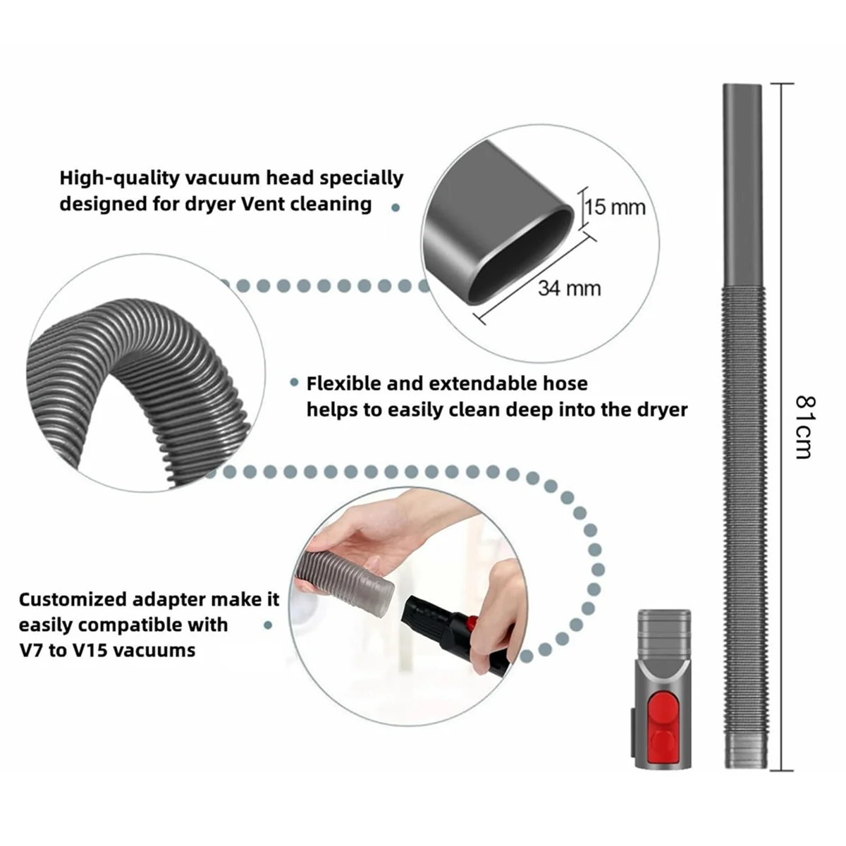Dryer Vent Cleaning Kit for Dyson V15 V11 V10 V8 V7 Vacuum Cleaner Dryer Lint Remover Flexible Hose and Crevice Tool