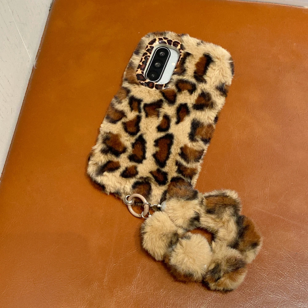 Leopard Print Fuzzy Plush Phone Case with Stand Holder and Lanyard