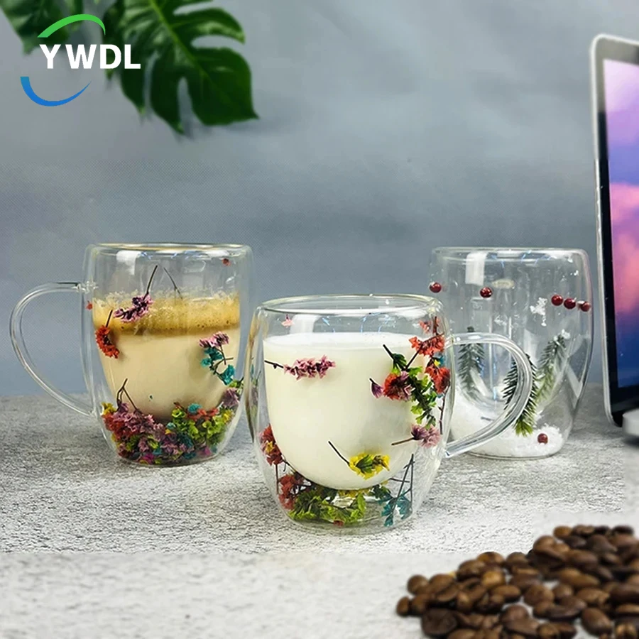 YWDL-Tasses à café en verre transparent à double paroi de fleurs