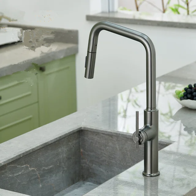 Brushed Rose Gold ดึงก๊อกน้ําห้องครัวแปรงทองก๊อกน้ําอ่างล้างจานทองเหลืองอ่างล้างจาน Tap หมุน Spout Mixer Tap ร้อนเย็นน้ํา Crane 5