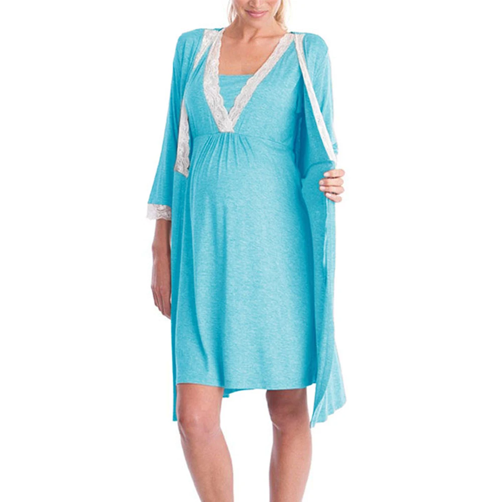 

Pregnancy Pajama Women Lace Up Sleepwear Three-quarter Sleeves Lace Maternity Nightdress Nightgown Nursing Breastfeeding Clothes