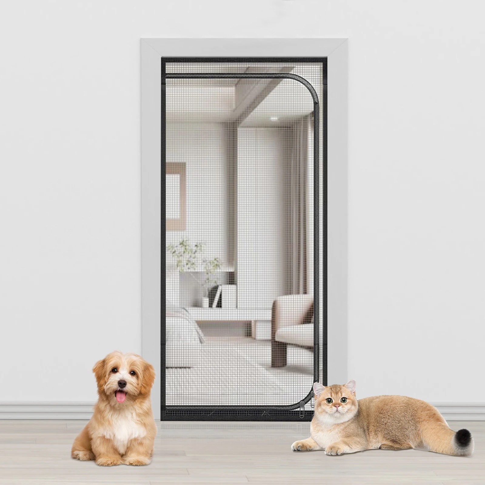 Cat Screen Door, Heavy Duty Pet Screen Door, Prevent Dogs and Cats from Running Around, Partition Mesh, Double Zip