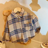 Vêtements d'automne pour enfants, filles et garçons, chemise à revers rétro décontractée, manches longues, hauts à simple boutonnage, chemisiers à carreaux 4